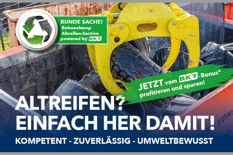 Der Bohnenkamp Altreifen-Service powered by BKT bietet Unternehmen bundesweit eine unkomplizierte Abholung von Altreifen ab zwei Tonnen inklusive Terminplanung, Transport und kaufmännischer Abwicklung. Je nach Menge, Standort und Verfügbarkeit stehen verschiedene Abhollösungen zur Verfügung, darunter auch ein Kranwagen, der die Altreifen direkt aufnimmt und verladen kann. | Bild: Bohnenkamp