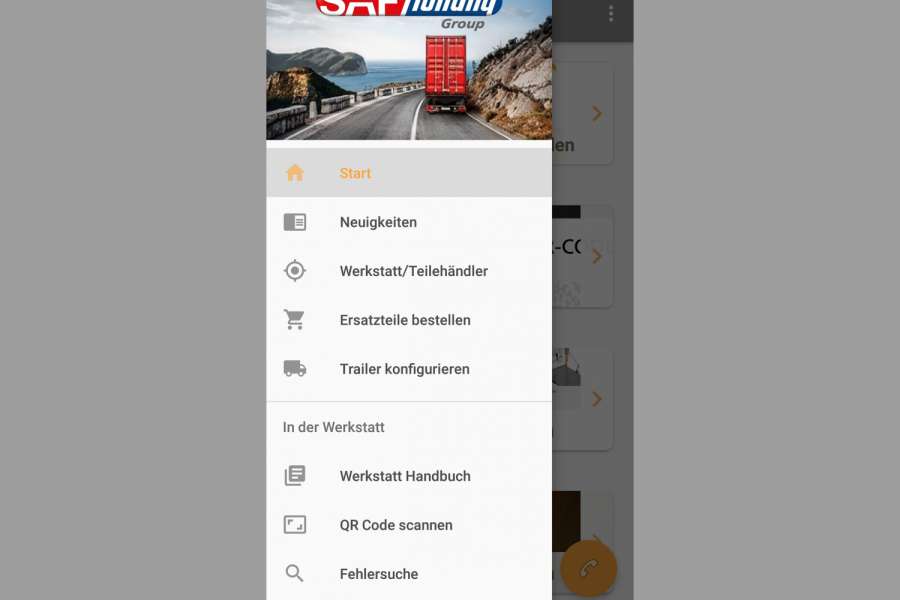 So stellt sich die Oberfläche der SH Connect App von SAF-Holland auf dem Smartphone dar. Ersatzteile können identifiziert und direkt über den Online-Ersatzteilkatalog Parts on Demand bestellt werden. Foto: SAF-Holland.