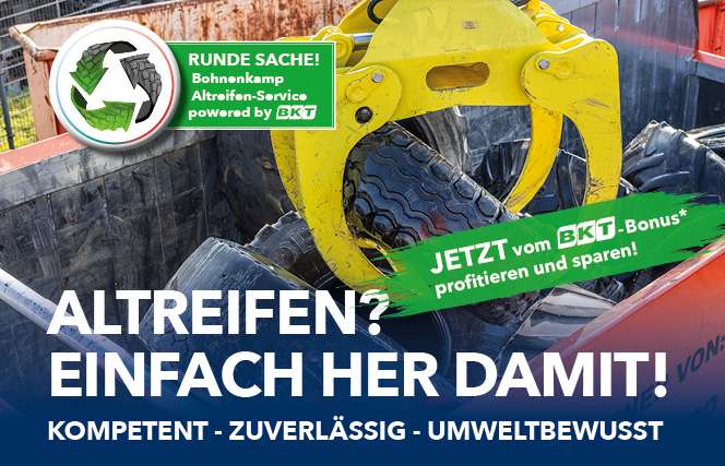 Der Bohnenkamp Altreifen-Service powered by BKT bietet Unternehmen bundesweit eine unkomplizierte Abholung von Altreifen ab zwei Tonnen inklusive Terminplanung, Transport und kaufmännischer Abwicklung. Je nach Menge, Standort und Verfügbarkeit stehen verschiedene Abhollösungen zur Verfügung, darunter auch ein Kranwagen, der die Altreifen direkt aufnimmt und verladen kann. | Bild: Bohnenkamp