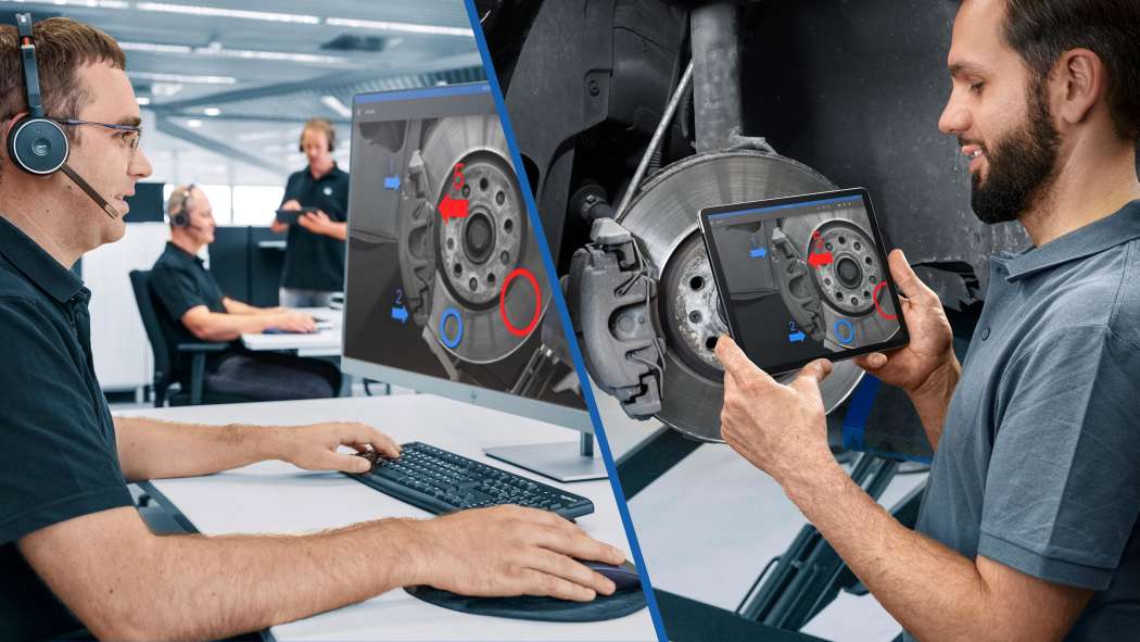 ATE ermöglicht Werkstätten per Remote Support eine technische Beratung in Echtzeit via Videoübertragung. Mitarbeiter arbeiten mit Smartphone oder Tablet und eine Augmented-Reality-Funktion blendet dabei virtuelle Markierungen ins Live-Kamerabild ein. | Bild: Aumovio