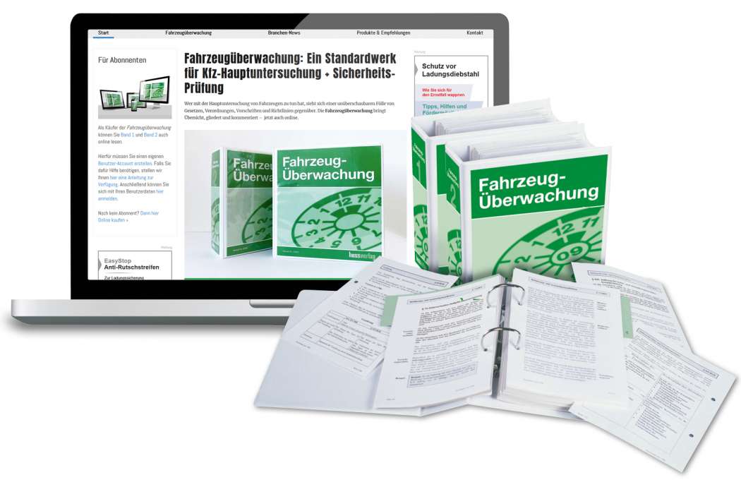Die zweibändige Fahrzeugüberwachungs-Loseblattsammlung ist jetzt für Abonnenten auch online verfügbar. Foto: HUSS-VERLAG.