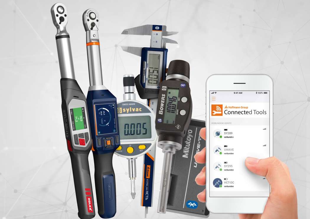 Die Plattform Hoffmann Group Connected Tools (HCT) ist mit Bluetooth-fähigen Werkzeugen von Mitutoyo, Bowers Group, Sylvac, Garant und Holex kompatibel. | Bild: Hoffmann Group. 