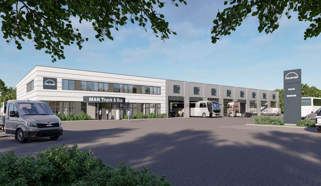 Planung des neuen Servicebetriebs in Schweinfurt mit Werkstatträumen und klimatisierten Büroflächen, umweltschonend über moderne Wärmetauscher-Technik betrieben. Für E-Fahrzeuge ist eine zeitgemäße Ladeinfrastruktur vorgesehen. | Bild: MAN Truck &amp;amp; Bus.