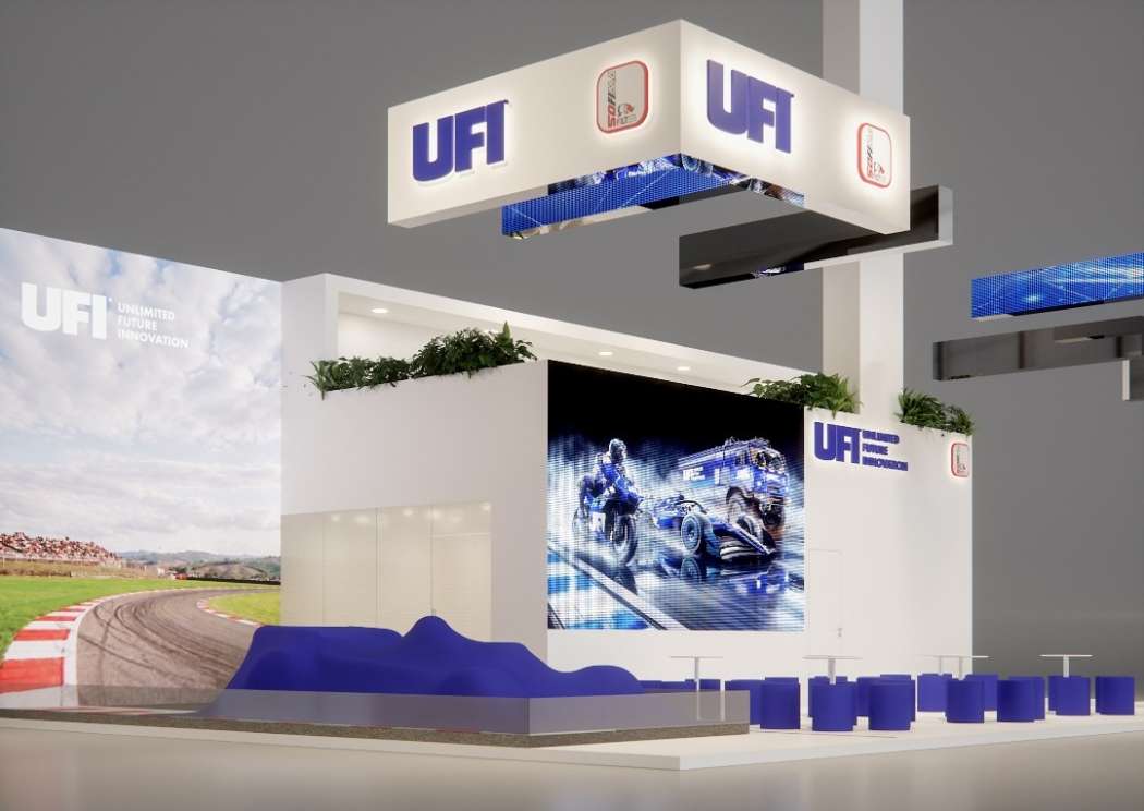 Der neue zweistöckige Messestand von UFI in Halle 4.0 soll die internationale Erstausrüstungskompetenz des Unternehmens sowie dessen Aktivitäten im Motorsport veranschaulichen. | Bild: UFI